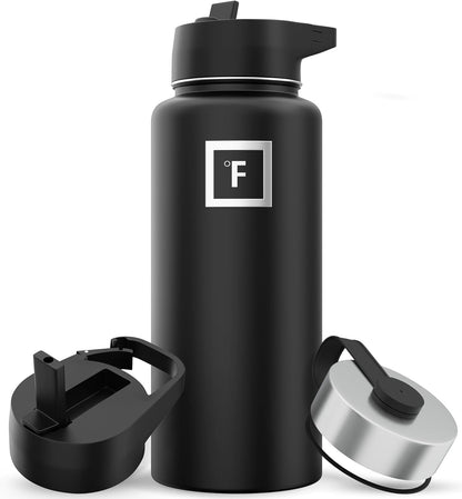 Stay Hydrated on Your Adventures: 32 Oz Wide Mouth Insulated Stainless Steel Flask with Straw in Midnight Black