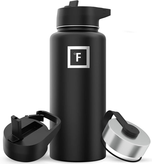 Stay Hydrated on Your Adventures: 32 Oz Wide Mouth Insulated Stainless Steel Flask with Straw in Midnight Black