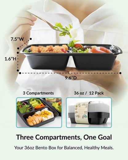 Versatile Meal Prep Containers - 12 Pack Bento Box with 3 Compartments, Airtight Lids, BPA Free, Microwave & Dishwasher Safe for Easy Meal Organization