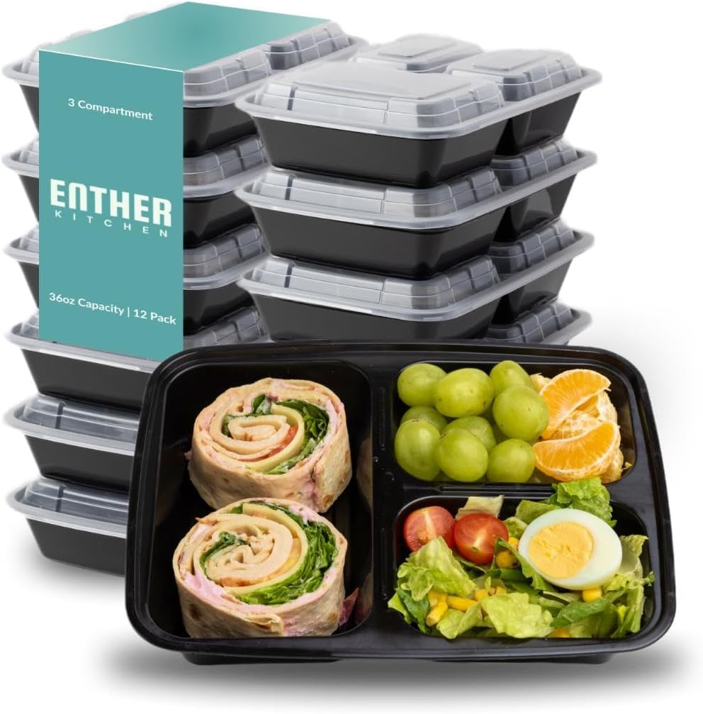 Versatile Meal Prep Containers - 12 Pack Bento Box with 3 Compartments, Airtight Lids, BPA Free, Microwave & Dishwasher Safe for Easy Meal Organization