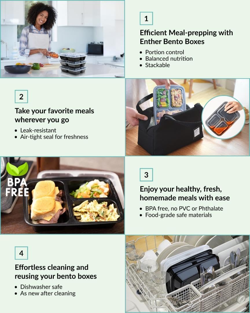 Versatile Meal Prep Containers - 12 Pack Bento Box with 3 Compartments, Airtight Lids, BPA Free, Microwave & Dishwasher Safe for Easy Meal Organization