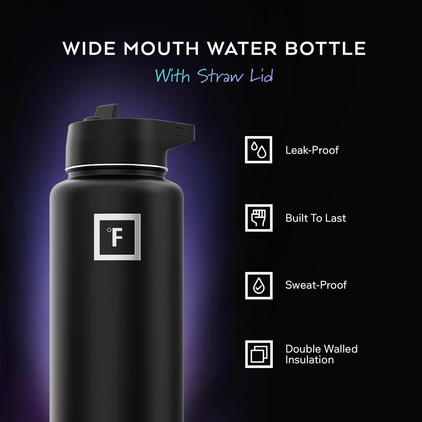 Stay Hydrated on Your Adventures: 32 Oz Wide Mouth Insulated Stainless Steel Flask with Straw in Midnight Black