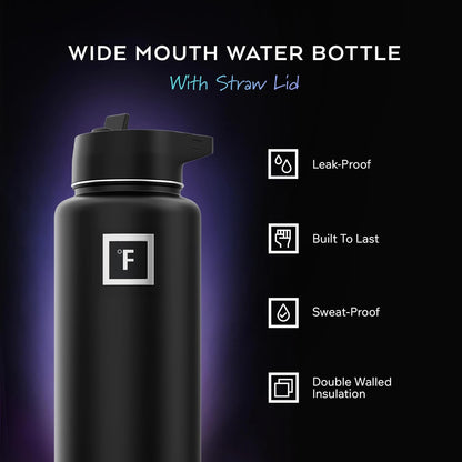 Stay Hydrated on Your Adventures: 32 Oz Wide Mouth Insulated Stainless Steel Flask with Straw in Midnight Black